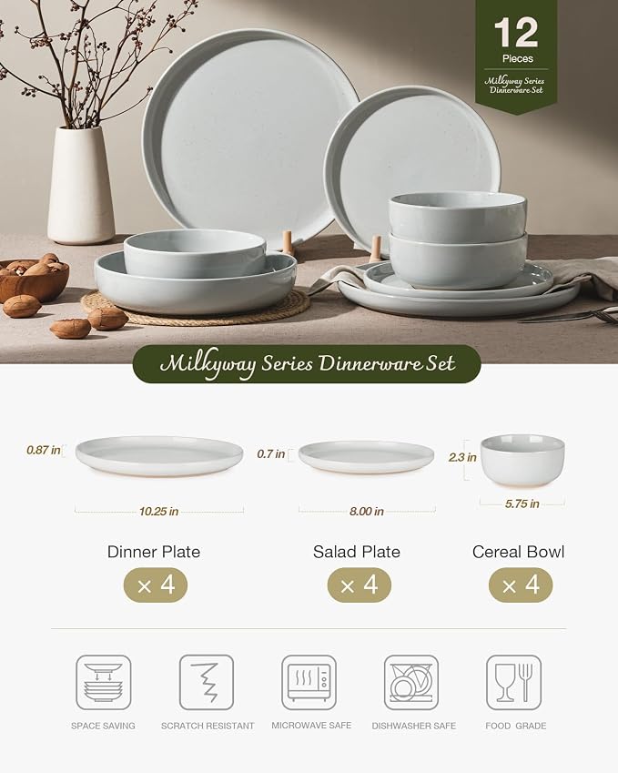Famiware Milkyway 12-Piece Stoneware Dinnerware Set, Light Gray | Plates and Bowls for 4, Dishes Set for Everyday & Formal Use, Microwave & Dishwasher Safe, Chip & Scratch Resistant