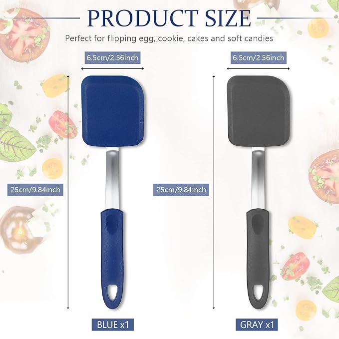 Silicone Cookie Spatula Turner 2 Pack Mini Brownie Spatula Flexible Kitchen Small Silicone Turner for Nonstick Cookware Heat Resistant No Scratch Flipper for Egg(Solid Flat,Gray, Blue)