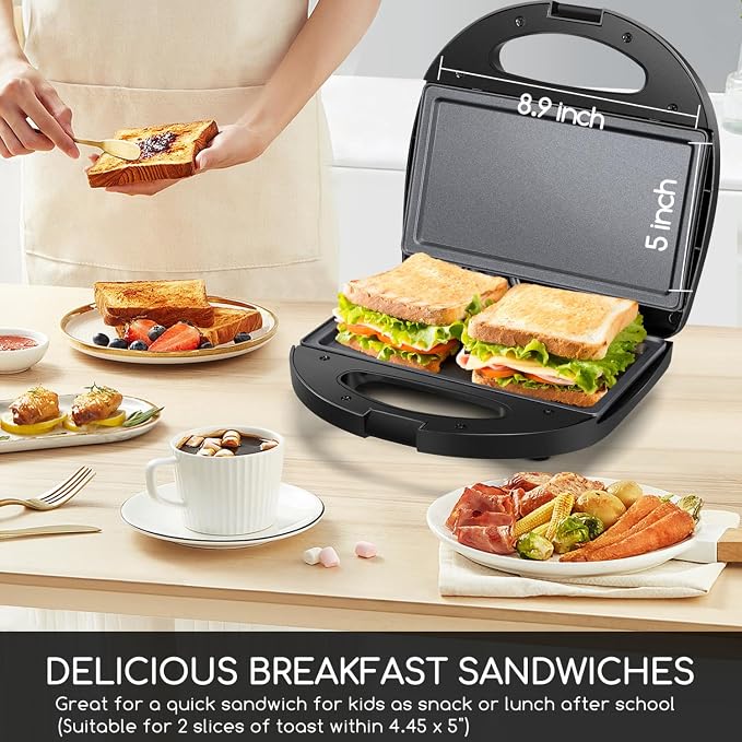 Aigostar Sandwich Maker with Non-stick Deep Grid Surface, Black | Compact Electric Grill for Egg, Ham, Steaks, Tostadora de Pan Black, ETL Certificated