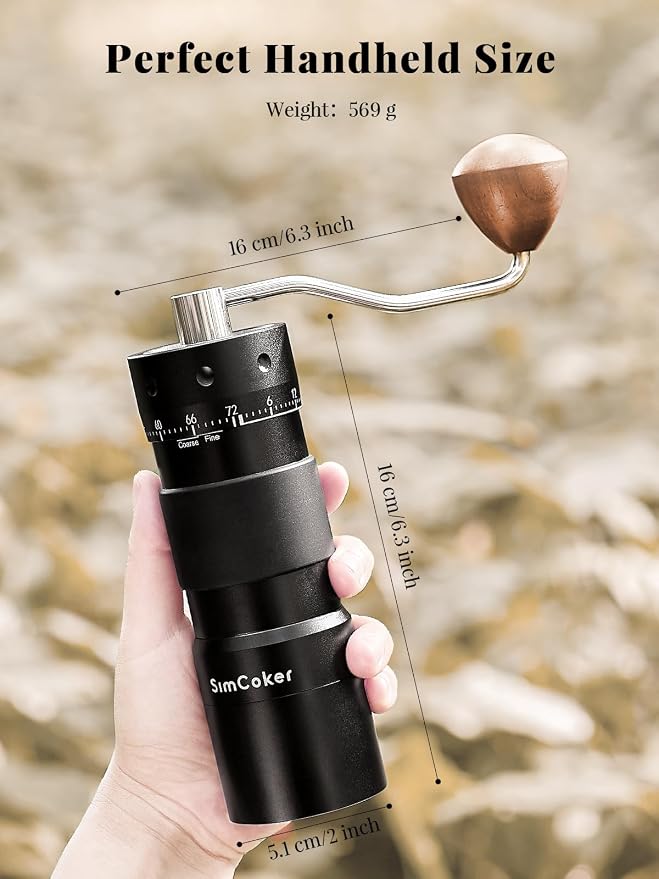 Manual Coffee Grinder with 16μm External Adjustment, Precision Espresso & Pour Over Grinder, CNC Stainless Steel Conical Burr, Drill-Compatible Aluminum Body, Portable Coffee Grinder, Black