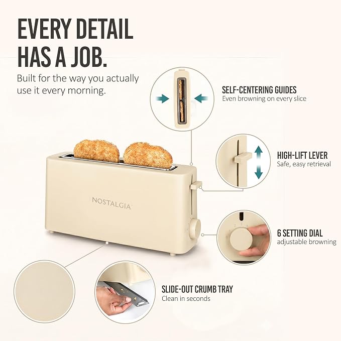 Nostalgia Slim 2-Slice Toaster – Wide Slot – Space-Saving Design – Adjustable Browning Dial – 10-inch Long Slot Fits 2 Slices of Bread or Bagel Halves – Drop-down Crumb Tray – Oatmeal