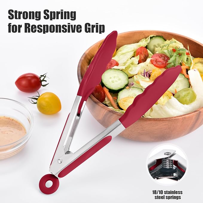 Doosu Kitchen Tongs with Silicone Tips for Cooking Serving (7in, Red) | 600°F Heat Resistant Food Tong, Heavy Duty Stainless Steel Locking Tong for BBQ, Grilling Steak, Salad, Toast, Pasta