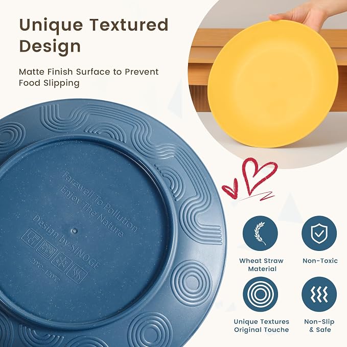 Unbreakable Wheat Straw Dinnerware Set - Plastic Plates and Bowls Sets Alternative, 24-Piece Dishes Set for Apartment, RV, Party, Microwave and Dishwasher Safe Plates, Bowls, Cups(Multi)