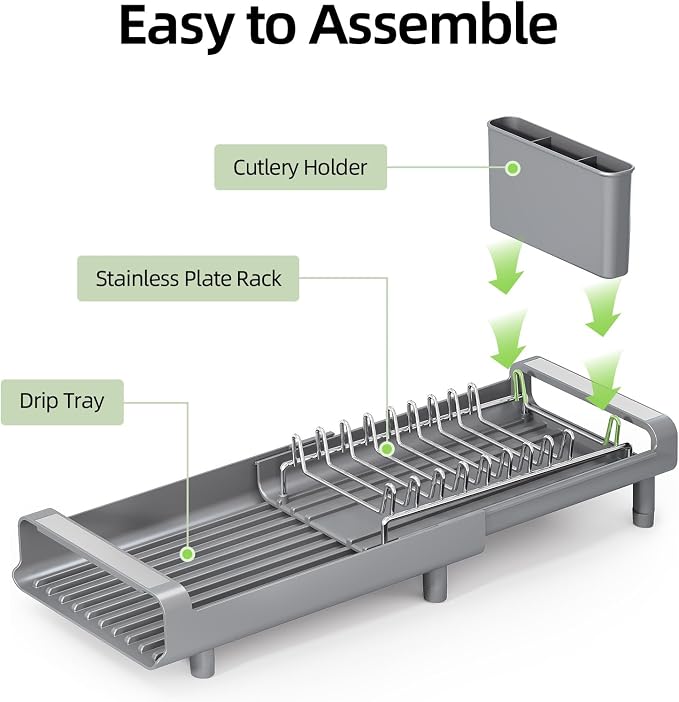 TOOLF Small Dish Drying Rack, Expandable and Space-Saving, Gray | Mini Dish racks for kitchen counter, Compact Design Fits Sink or Counter, Stainless Steel Plate Rack, 11"-19.3"L×7.7"W×3.54"H