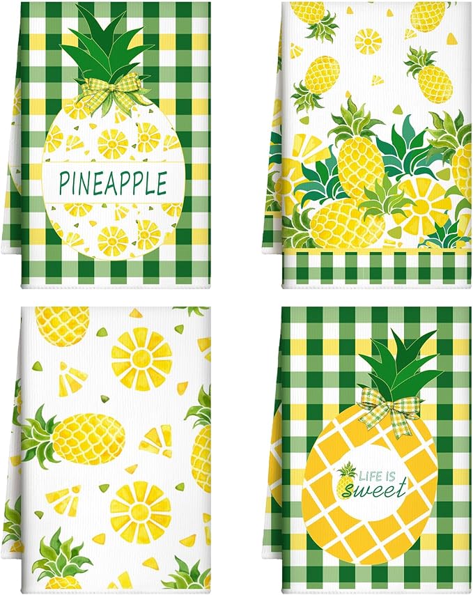 4 Pcs Pineapple Kitchen Towels, Green Grid Dish Towels Gift | Fast Drying Absorbent Dishcloths with Hanging Loop for Cleaning Cooking Baking, Farmhouse Kitchen Decor Housewarming Gift