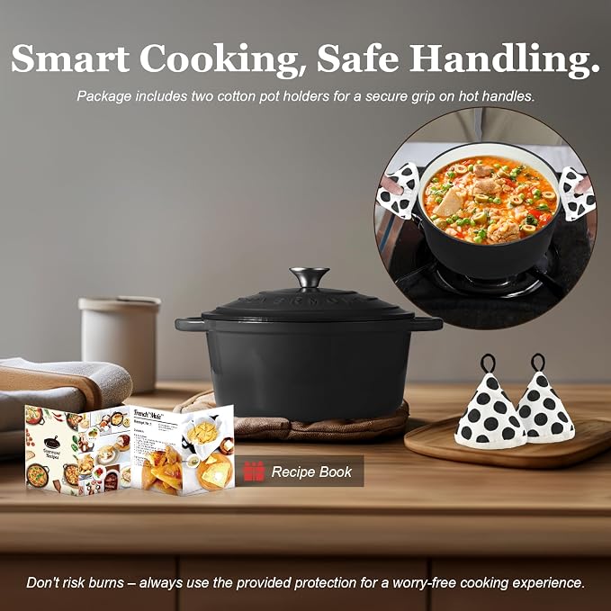 Overmont Enameled Cast Iron Dutch Oven - 4.5QT Pot with Lid Cookbook & Cotton Potholders - Heavy-Duty Cookware for Braising, Stews, Roasting, Bread Baking GraphiteGray