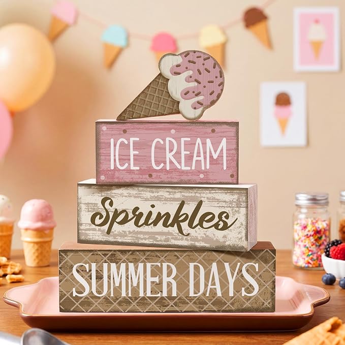 Lineshading 4 Pcs Ice Cream Summer Tiered Tray Decor Table Block Signs | Wooden Farmhouse Rustic Home Decorations, Kitchen Tabletop Centerpieces, Ice Cream Theme Sprinkles Design, Summer Gift
