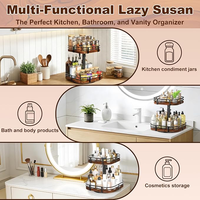 12" Large Lazy Susan Turntable Organizer - 2 Tier Spice Rack for Table Top | Rotating Wood Spice Cabinet Organizer for Pantry Kitchen Countertop Coffee Bar Cupboard Bathroom Vanity Storage