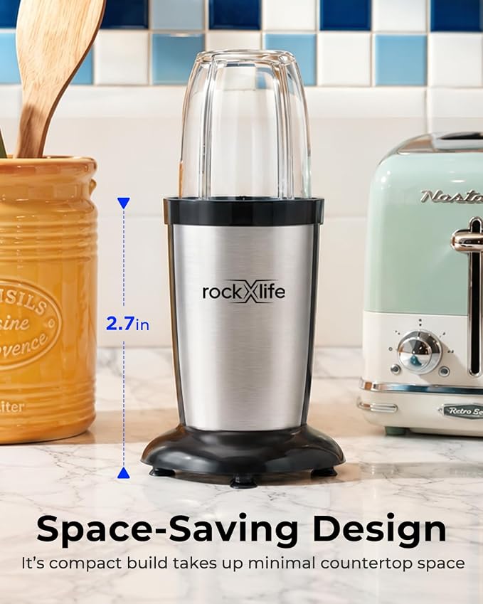 Personal Blender, Silver, 2-in-1 Smoothie Maker & Grinder | for smoothies, protein shakes, ice crushing, coffee beans, spices and nuts; BPA-free dishwasher-safe cups
