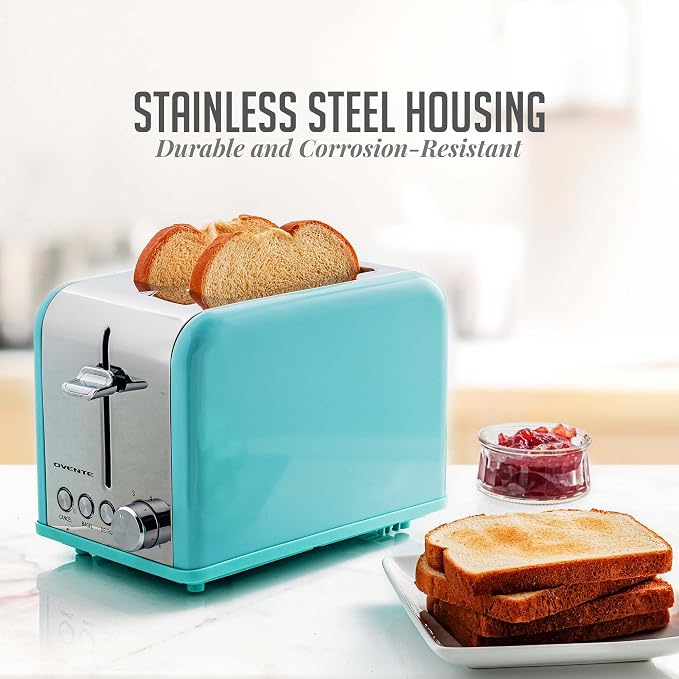 OVENTE 2-Slice Electric Toaster, 825W 6 Browning Setting, Turquoise TS2450T | Perfect for Bagel, and Defrost, with Cancel Functions, Extra-Wide Slots, Stainless Steel Retro Countertop Design