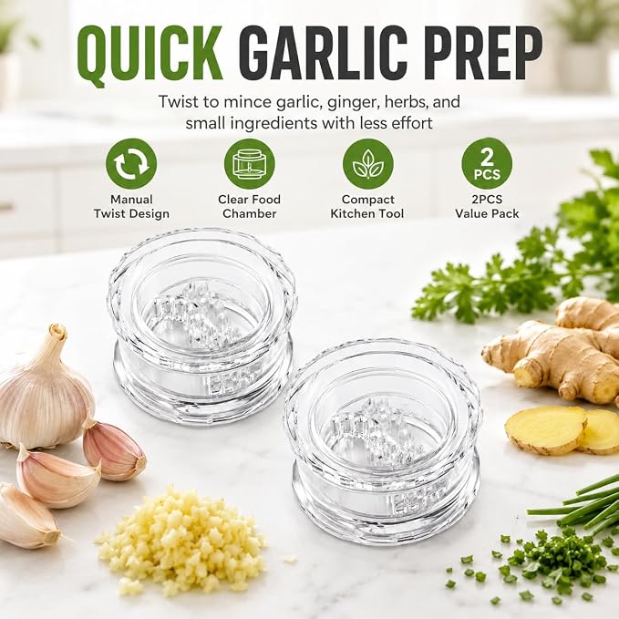 2027 New Garlic Mincer, 2PCS Clear Manual Garlic Twister and Ginger Mincer Tool, Garlic Chopper, Garlic Crusher & Garlic Grinder for Garlic, Ginger, Onion, Herbs and Nuts, Manual Kitchen Gadget