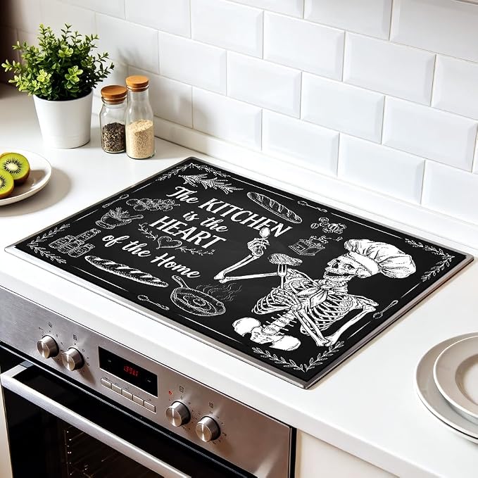 Skeleton Stove Top Cover for Electric Stove, 28x20 In, Glass Mat | Non-slip washable cooktop protector; doubles as dish drying mat, counter, food prep, ironing pad; gothic skull kitchen decor