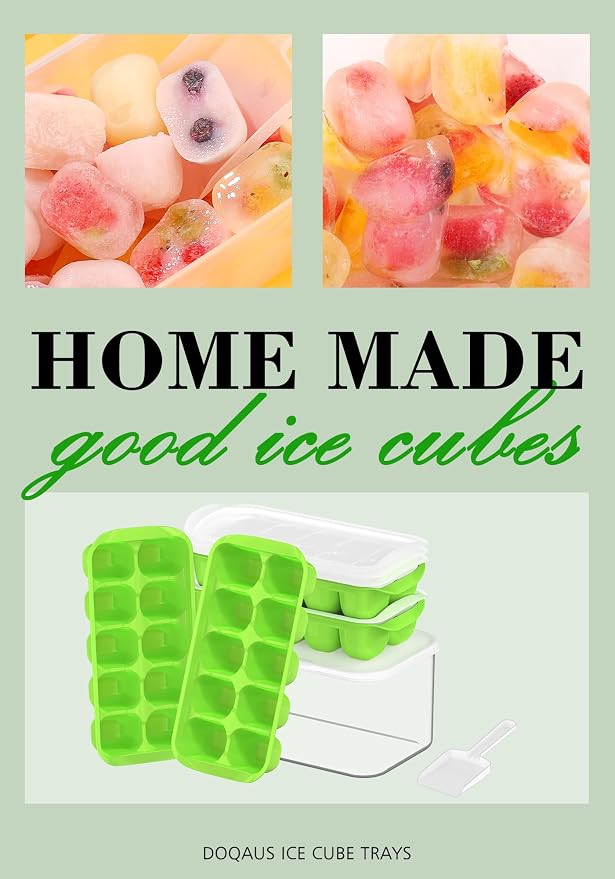 DOQAUS Ice Cube Tray with Lid and Bin, 4 Pack Ice Bucket Kits for RV | Stackable Silicone Ice Trays for Freezer, Easy Pop Out, BPA Free for Cocktail, Coffee, Soup, Food, Kitchen