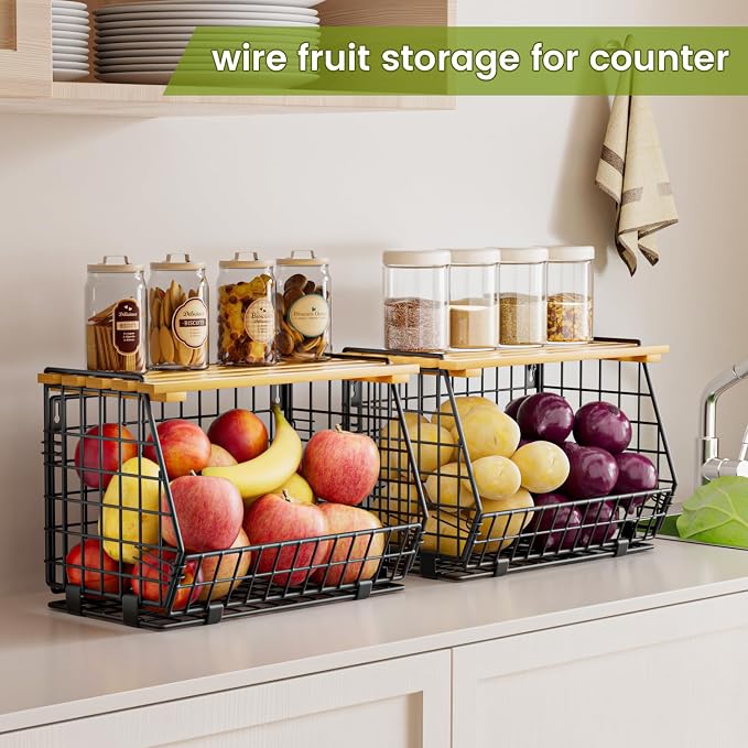 Hanging Fruit Basket for Kitchen, 3 Pack Vegetable Produce Basket | Wood Lid, Wall Mounted & Countertop Wire Storage Basket for Potato Onion Fruits Vegetables, Pantry Organizers Storage