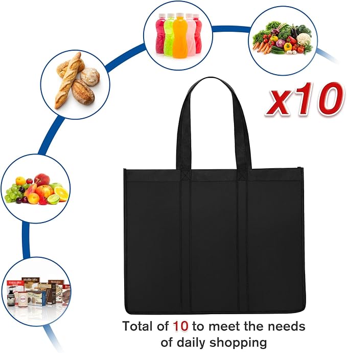 Reusable Grocery Shopping Bags 10 Pack Large Foldable Tote Bags Bulk | Eco Produce Bags with Long Handle for Shopping Groceries Clothes (Black)