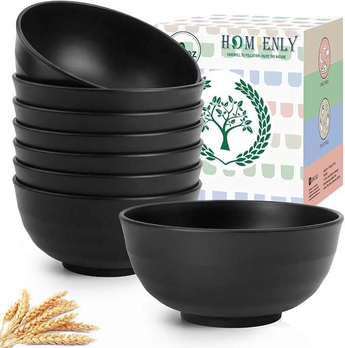Unbreakable Big Bowl Set of 8: Alternative to Large Plastic Bowls - 60oz Wheat Straw Bowls for Salad, Soup & Cereal, Microwave & Dishwasher Safe for Everyday Use & Picnics - Black