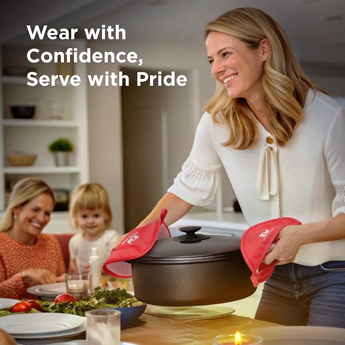 Kitchen Mama Silicone Pot Holders, Red | Heat Resistant, Non-Slip Surface, Dual Pocket Design, Soft Cotton Lining