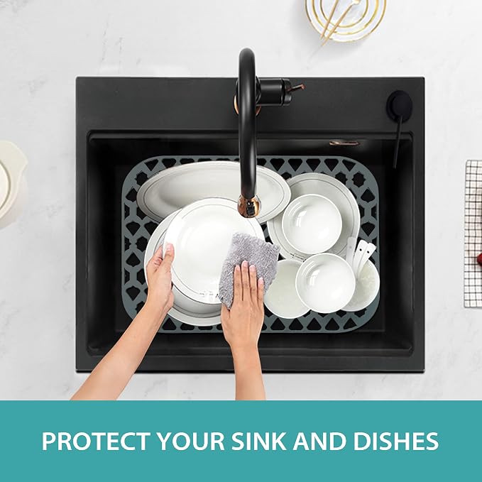 Silicone Kitchen Sink Protectors Mats - 12" 13" 14" 16" 18" 19" 21" 22" 24" 25" 26" 28" 30", Heat Resistant, Machine-wash (21”x16”, Rear Drain)