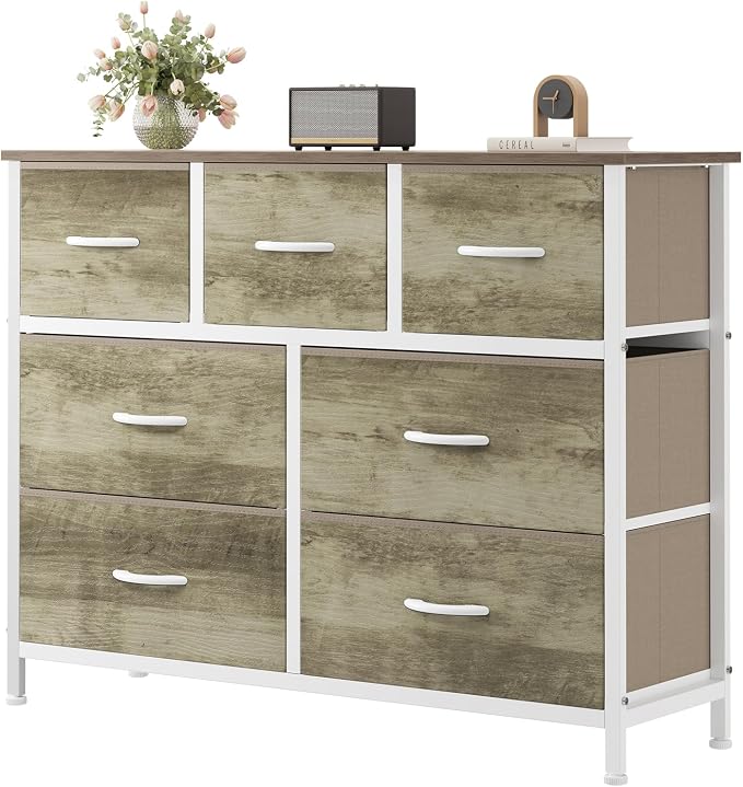 Sweetcrispy 7 Drawer Dresser for Bedroom Storage with Fabric Bins, Oak | Anti-Tip Closet Organizer, Wooden Top and Sturdy Steel Frame, Spacious Drawers for Clothes Storage, Hallway Entryway