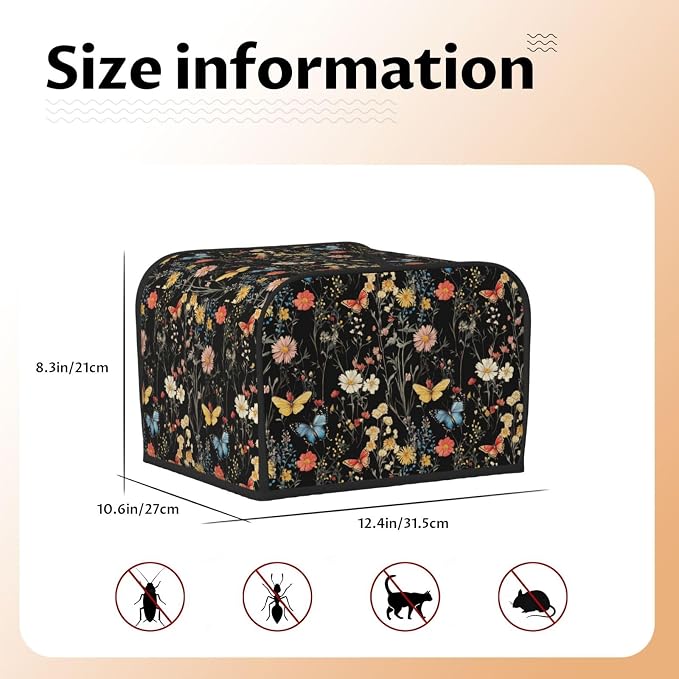 4 Slice Toaster Cover Wildflower Botanical Butterfly Flower Dust Proof Washable Kitchen Appliance Cover with Pocket, Oxford Fabric Countertop Toaster Protector for Standard Toasters Small Appliances