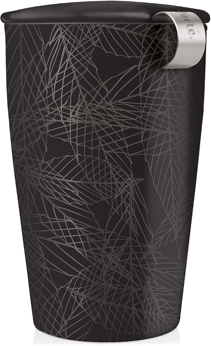 Tea Forte Double-Walled Ceramic Kati Cup, Noir, 12 oz | Insulated Ceramic - Stainless Steel Loose Leaf Infuser - Keeps Tea Hot Longer - Lid Included - Microwave & Dishwasher Safe