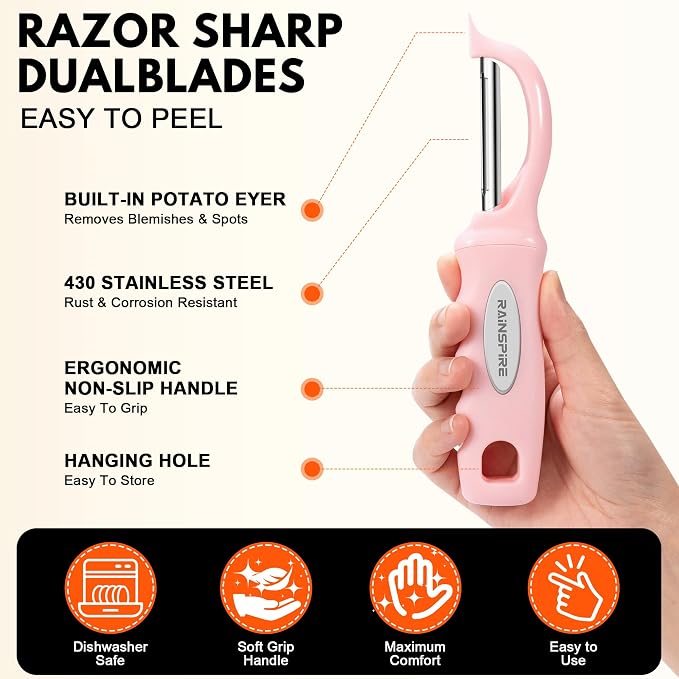 Rainspire Vegetable Peeler Potato Peelers for Kitchen, Sharp Stainless Steel Blades Veggie, Comfortable Handle Fruit Peeler, Carrot Peeler Apple Peeler Dishwasher Safe (2, Pink)