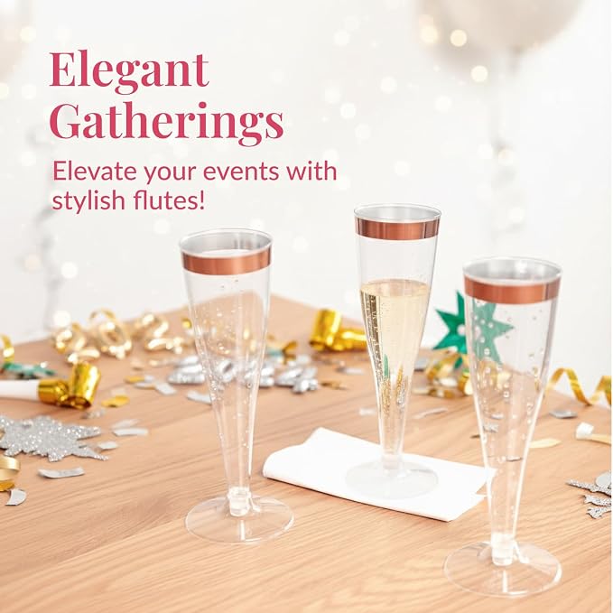 Prestee Set of 24 Plastic Champagne Flutes with Rose Gold Rim - 4.5 oz - Shatterproof Disposable Glasses - Elegant Design - Ideal for Weddings, Cocktail Parties, and Outdoor Celebrations