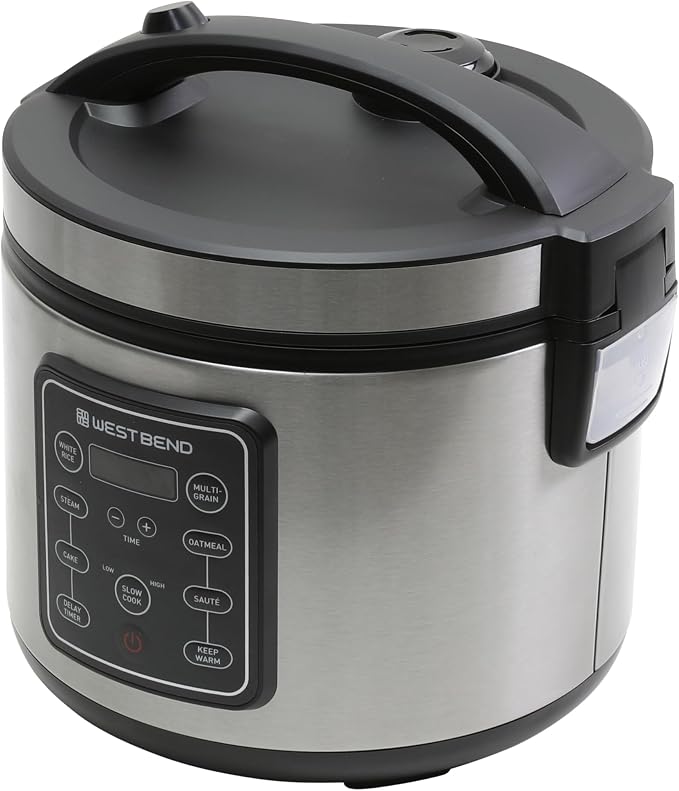 West Bend Rice & Grain Multi Cooker Programmable with 9 Preset Functions, Features Delay Start and Keep Warm Functions and Steam Basket, 20 Cups Cooked (10 cups uncooked), Stainless Steel