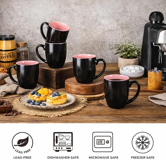 GBhome 16 oz Coffee Mugs Set of 6, Ceramic Coffee Cups- Pink