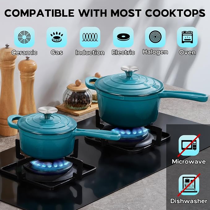 Onader 1QT & 2QT Saucepan Set with Lid, Enameled Cast Iron Sauce Pan Pot, Small Dutch Oven Cooking Kitchen Pot, Nonstick & Heavy Duty, Induction Compatible – Dark Cyan