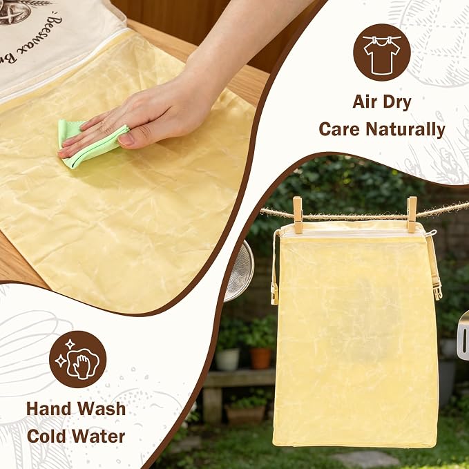 Beeswax Bread Bag with Loaf Label Holder & Reusable Writable Card | Included User Manual & Care Instructions,Waterproof Zipper Closure,Roll-Top Buckle Design,Sourdough Homemade Bread Storage