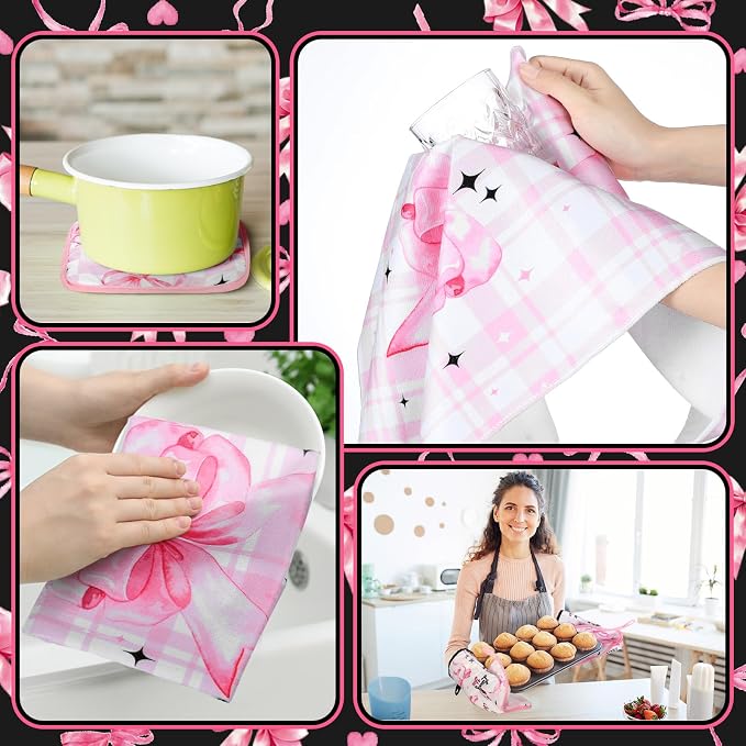 Fourluoo 10 Pcs Bow Kitchen Dish Towels Rugs Oven Mitts and Pot Holders Set Farmhouse Kitchen Decor Set for Women Mom Daughter Gift Cooking Baking Grilling(Black, Pink)