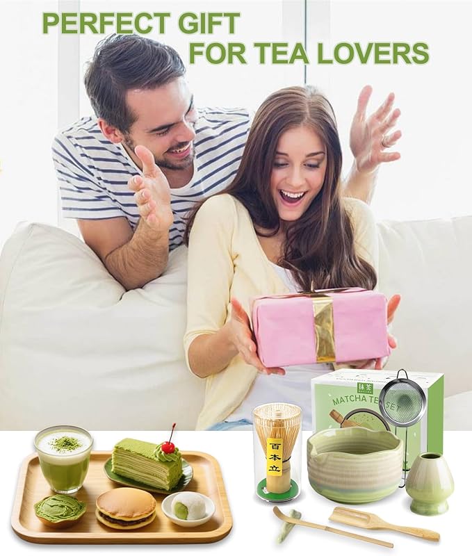 JBER Matcha Set, 7PCS Ceramic Matcha Whisk Set for Matcha Lovers Ceremony | Matcha Kit Gift Includes 17oz Bowl, Bamboo Whisk (Chasen), Holder, Powder Sifter for Matcha Starter, Gradient Green Yellow