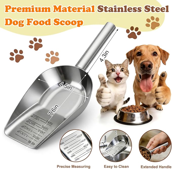 Dog Food Scoop Stainless Steel with Long Handle, Precise Measuring Cups | 1.5, 1 1/4, 1, 3/4, 1/2 Cup, Pet Scoop for Cats, Rabbits, Animals, Metal Spoon for Dog Food Storage (2CUP)