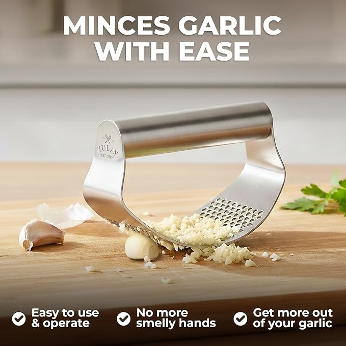 Zulay Kitchen Stainless Steel Garlic Press Rocker Set - Time Saving, Durable Strong Garlic Mincer Tool - Easy to Use & Clean Garlic Crusher Set with Peeler and Scraper Kitchen Gadget Smasher