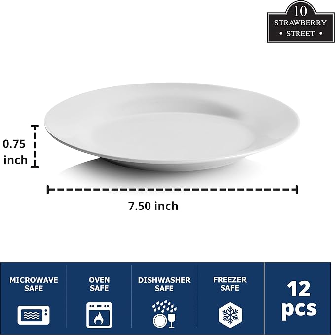 10 Strawberry Street 7.5" Catering Round Salad/Dessert Plate, Set of 12,White