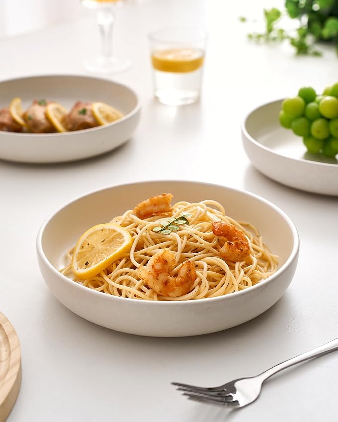 famiware Milkyway 33 oz Pasta Bowls Set of 6, Matte White | Double Reactive Glaze, Scratch-Resistant Stoneware Salad Bowls, Stackable, Dishwasher & Microwave Safe, Lead-Free