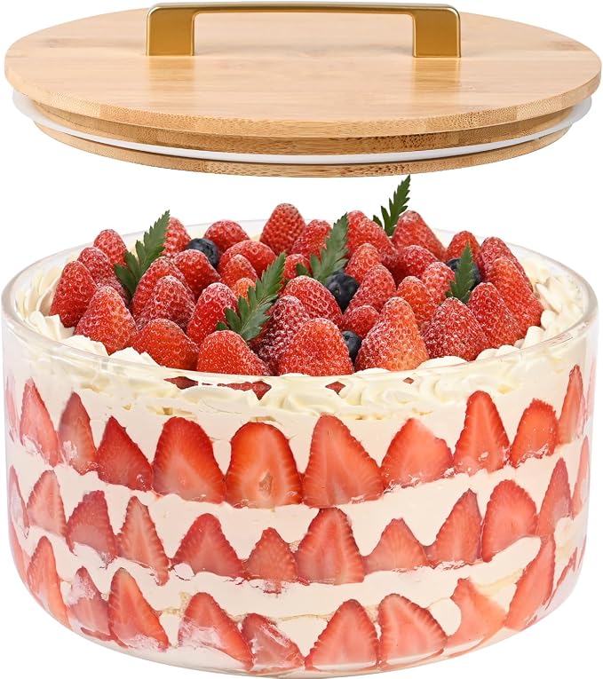 LOVYANXUE 155 oz Glass Trifle Bowl with Lid, 9 inch Large Salad Bowl, Versatile Mixing and Serving Dish for Fruit, salad, Cake, Cupcake, Baking, and Dessert, Airtight & Leakproof, Oven, Microwave Safe