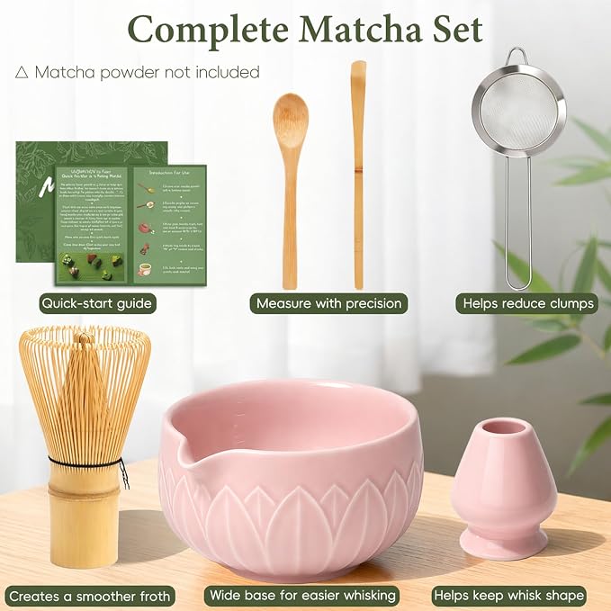 Matcha Whisk Set, Ceramic Matcha Set Includes Bowl & Holder, Bamboo Whisk (Chasen), Scoop, Spoon and Sifter, 6Pcs Matcha Kit Covers Everything Needed for Making Matcha (Leaf Pink)