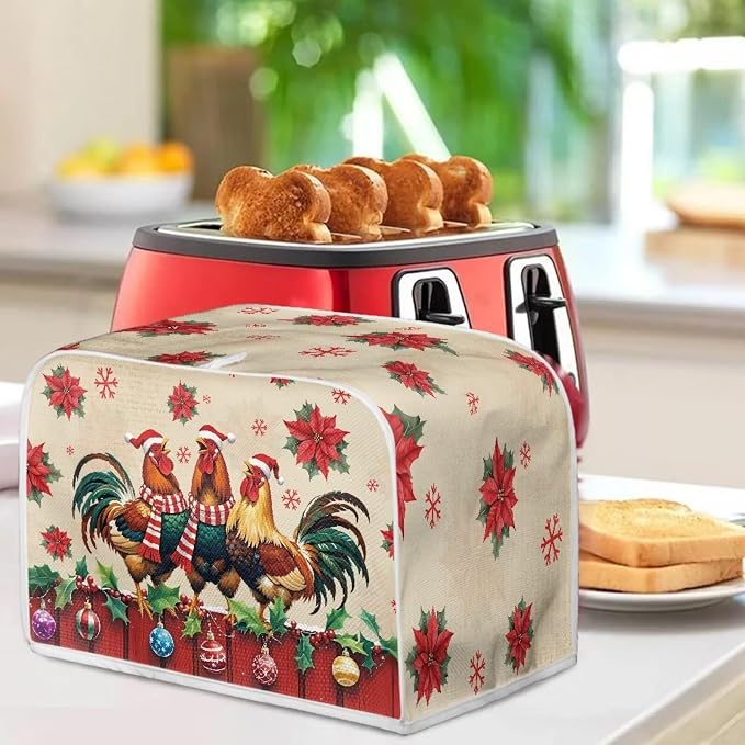 Christmas Rooster Print 2 Slice Toaster Cover Foldable Kitchen Small Appliance Cover Dust and Fingerprint Protection, Machine Washable Home Kitchen Decor Accessories