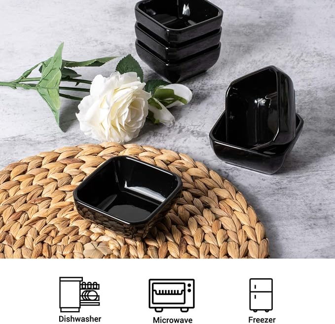 DELLING 3 Oz Porcelain Dip Bowls Set of 6, Black Ceramic Dipping Sauce Bowls - Small Bowls for Charcuterie Board Accessories, Soy Sauce Dish, Condiment Cups for BBQ Party, Dishwasher Safe
