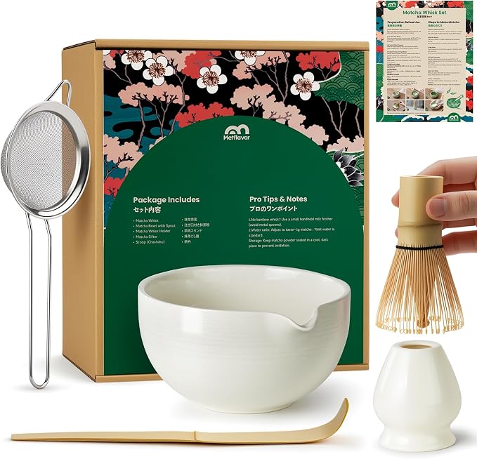 Matcha Whisk Set, Ceramic Bowl Matcha Kit & Handcrafted Bamboo Chasen, Complete 5 Pcs Matcha Set Whisk and Bowl, Stainless Steel Sifter, Bamboo Scoop & Holder for Matcha Lovers