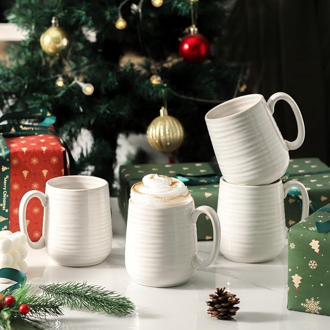 HASENSE Coffee Mugs Set of 4, 15 Ounce Porcelain Latte Mug Set with Handle for Morning Coffee Tea and Cocoa, Ceramic Coffee Cups with Unqiue Glaze for Men, Women, Plain