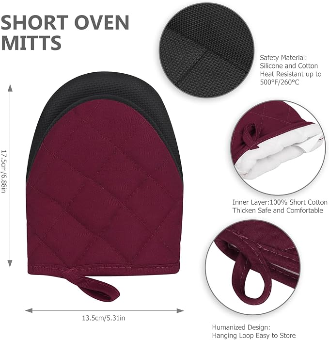 Goldmeet Mini Oven Mitts 2-Pack, 7"x5.5", 500°F Silicone Grip, Dark Red | Non-Slip, Heat Resistant, Machine Washable, Hanging Loop, Fits Small Hands, for Baking Grilling BBQ Cooking
