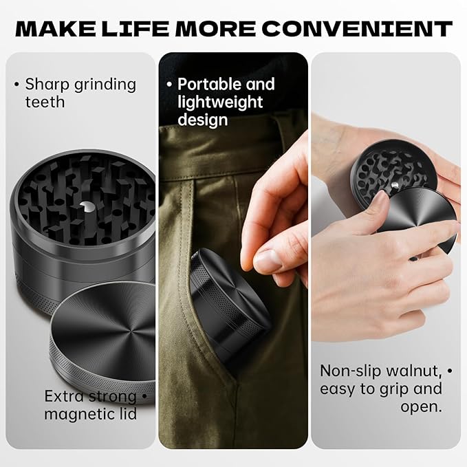 2.5-inch Grinder, Heavy-Duty Aluminum Construction, Smooth Grinding—Kitchen Essential (Black)