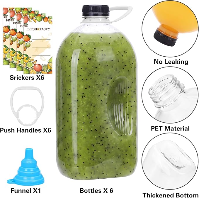 6pcs 64oz Reusable Plastic Juice Bottles with Caps, Accessories | Empty Beverage Containers with Lids and Sticker Labels, Funnel, pull handles for Juicing, Smoothies, Tea, Milk