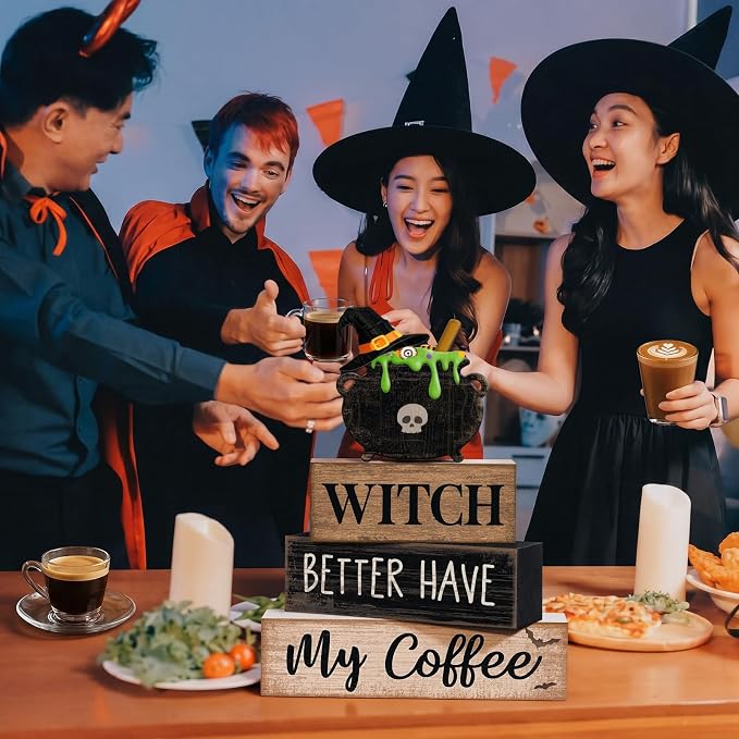 Lineshading 4 Pcs Halloween Witch Wooden Block Signs Farmhouse Tabletop | Rustic Tiered Tray Decor with Cauldron Topper, Coffee Bar Signs for Kitchen Counter, Farmhouse Home Halloween Decorations