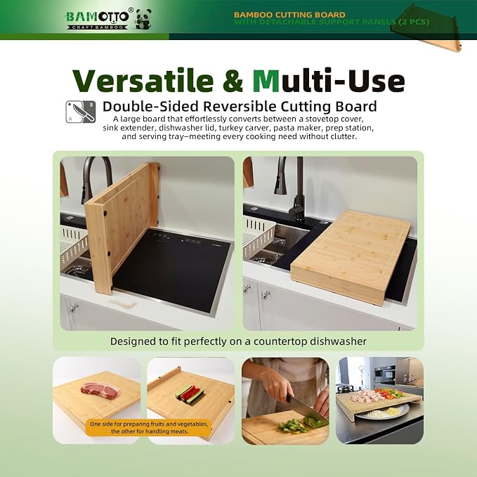 BAMOTTO CRAFTBAMBOO 12.6x22 Inch Bamboo Cutting Board, RV Stovetop Cover | 2 Detachable Support Panels | Reversible Juice Groove | Countertop Dishwasher Cover | Over Sink | Natural Bamboo