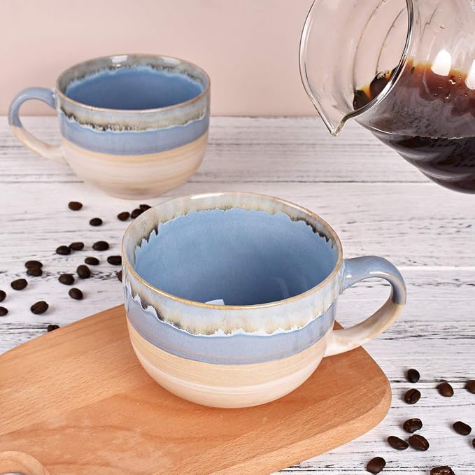 Bosmarlin Large Ceramic Coffee Mug Set of 2, Stoneware Jumbo Latte Mugs for Office and Home, 16 Oz, Dishwasher and Microwave Safe(Blue, 2)