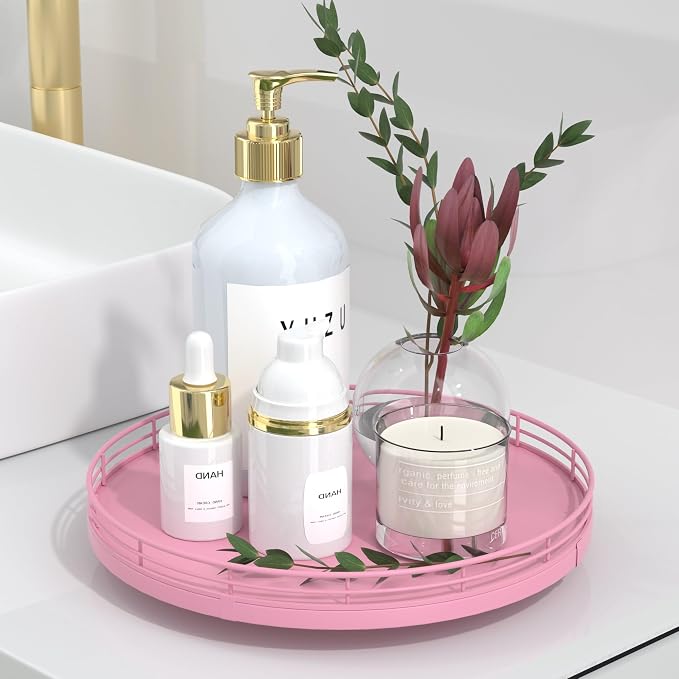 Oroyutor 10-Inch Oak Lazy Susan Vanity Tray, Pink Finish | Rotating oak tray organizes spices, toiletries and decor on kitchen counters, bathroom vanities, dining and coffee tables.